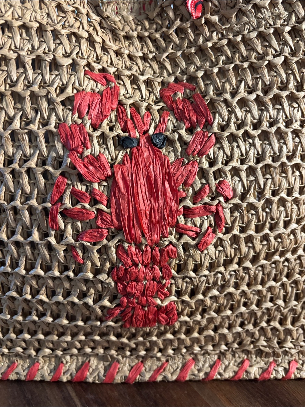 Woven Straw Lobster Tote Bag with Red Bandana Handles and salt and pepper shaker - Picture 3 of 3